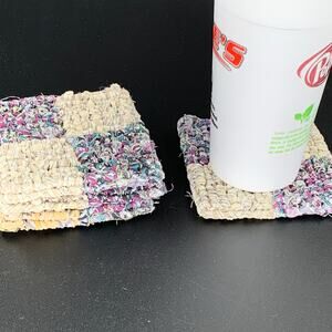 Drink Coaster Set Locker Hooking Handmade Yellow Purple Fabric Square Coasters
